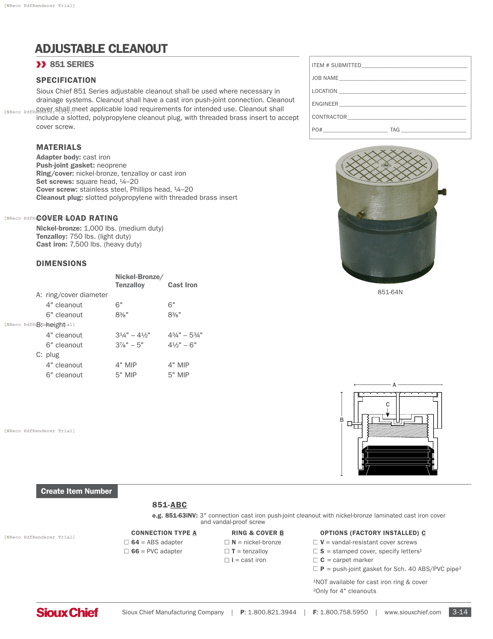 851 SERIES - ADJUSTABLE CLEANOUT PUSH-JOINT - SPEC SHEET.PDF Specification Document